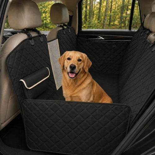 A black car dog seat protector installed in the back seat of a vehicle with a golden retriever sitting comfortably.