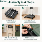 Step-by-step assembly guide showing how to unfold the base, extend the handle, attach the carrier, and secure the straps.