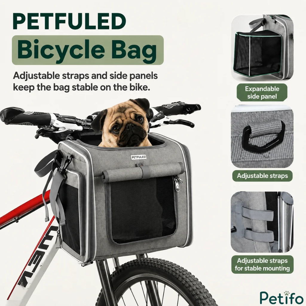 Installation guide demonstrating how to secure the grey pet bike basket to handlebars and frames requiring at least 28 cm of clearance.
