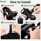 Step-by-step installation guide showing how to secure the holder, tighten screws, insert support rods into the frame, and click the basket to lock it in place.