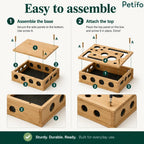 Two-step assembly guide illustrating how to secure the wooden base side panels and attach the top panel using screws.
