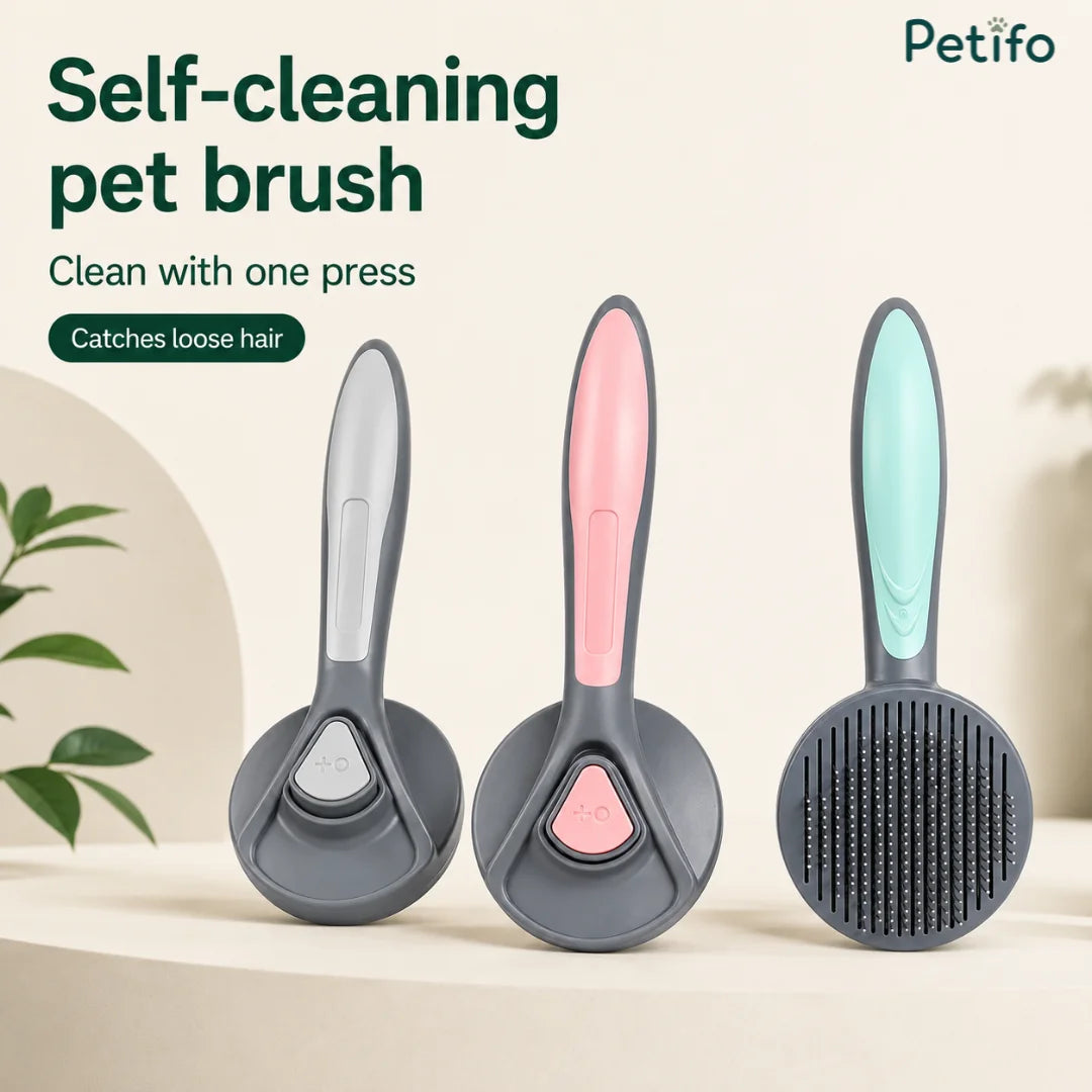 Petifo self-cleaning pet slicker brushes displayed in three color options—grey, pink, and mint green—on a curved display podium.