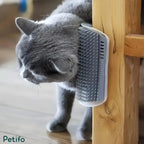 Grey cat self-groomer mounted on a wooden table leg as a British Shorthair cat rubs against it.