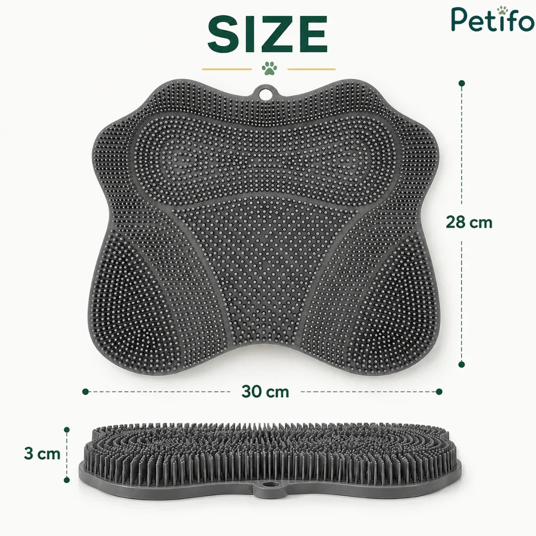 Product dimension diagram of the paw-shaped cat self-groomer pad, showing a width of 30 cm, height of 28 cm, and thickness of 3 cm.