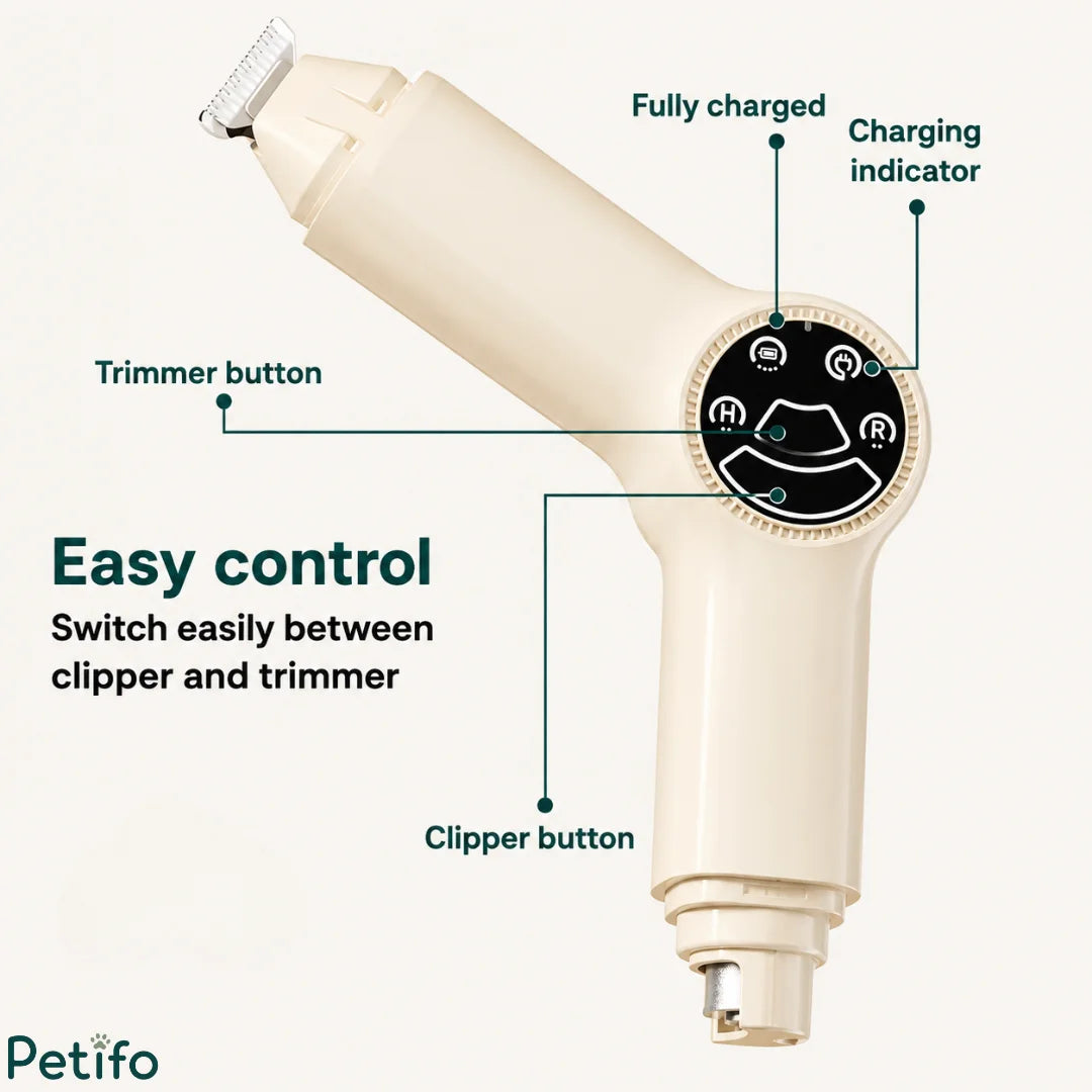 Control panel layout of the pet trimmer showing separate clipper and trimmer buttons alongside a charging indicator light.