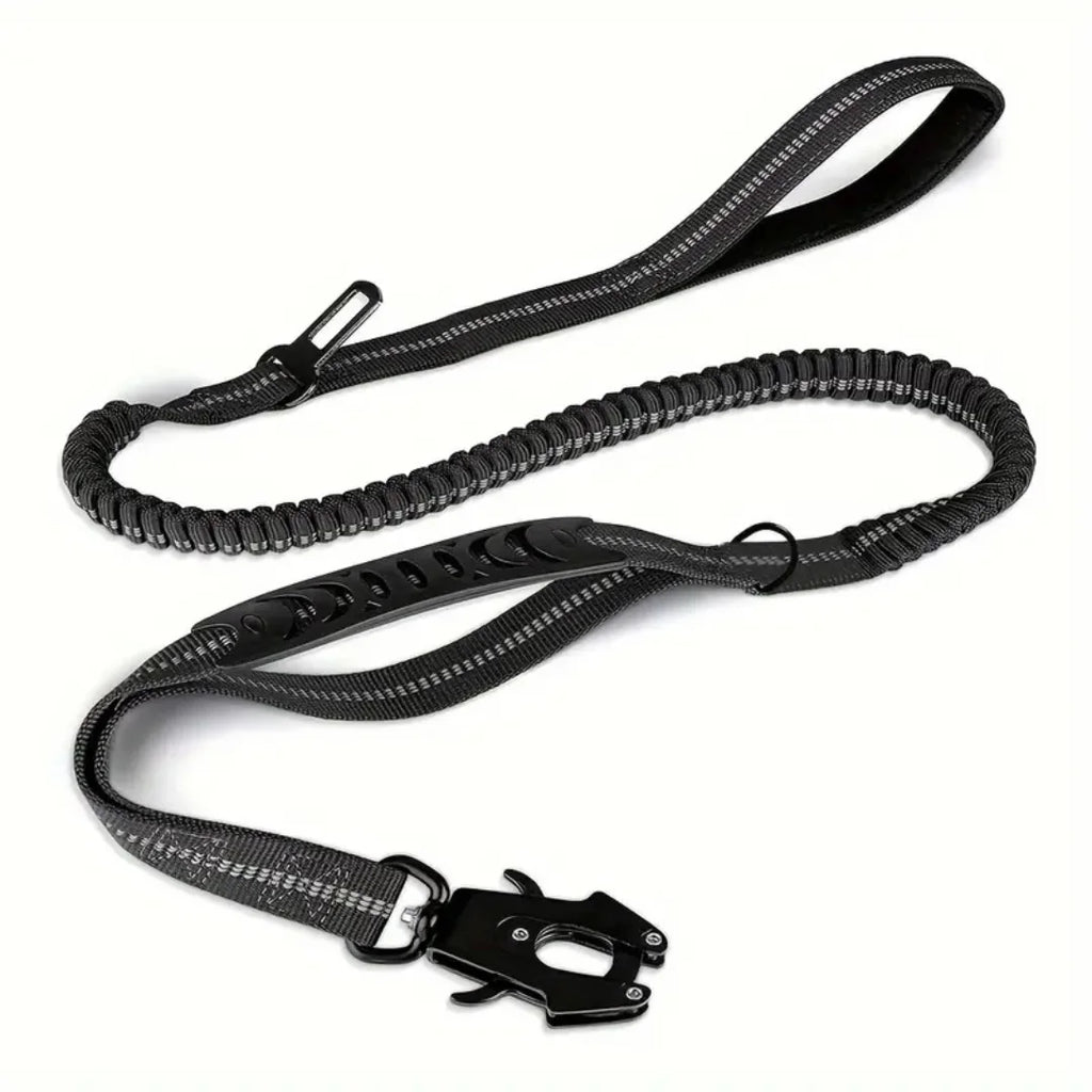 Black shock-absorbing bungee dog leash with a heavy-duty carabiner and comfortable traffic handle on a white background.