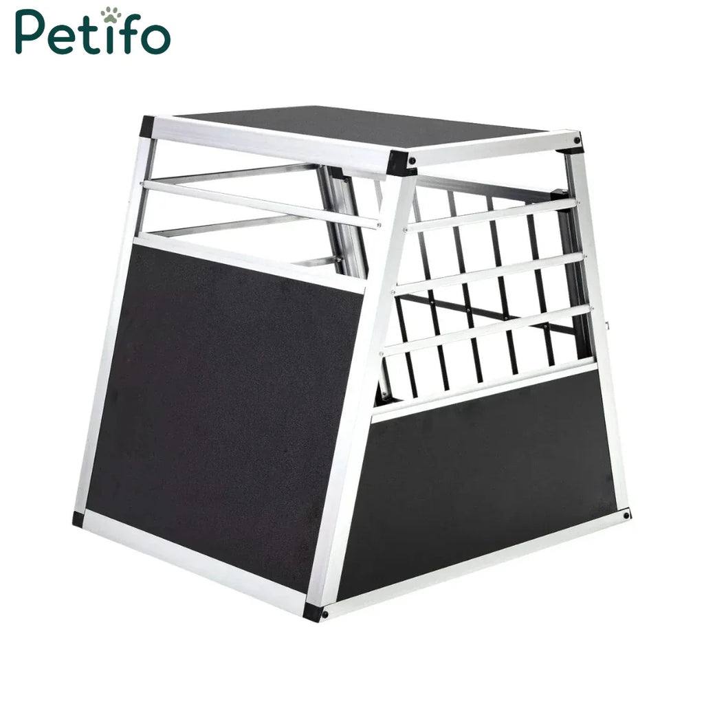 Side profile view of a sloped Petifo aluminum car dog crate showing its trapezoidal shape.