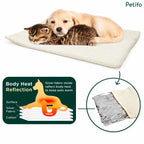 Diagram demonstrating body heat reflection, showing how silver fabric inside the mat reflects a pet's body heat to keep them warm.