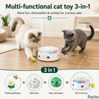 Feature breakdown banner comparing the interactive toy's components with alternative single-function cat entertainment devices.