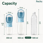 Size and capacity comparison chart showing the 350 ml and 550 ml Petifo bottle options alongside a standard 500 ml water bottle.