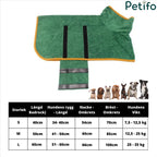 Size chart for Petifo dog drying robe showing back length, neck circumference, chest size, and weight limits