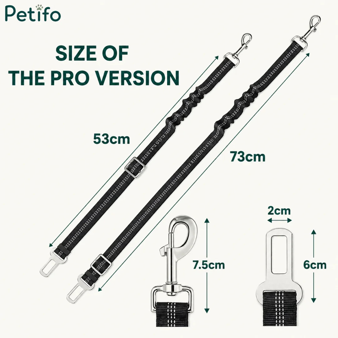 Size chart and dimension breakdown for the pro version elastic pet car seat belt.
