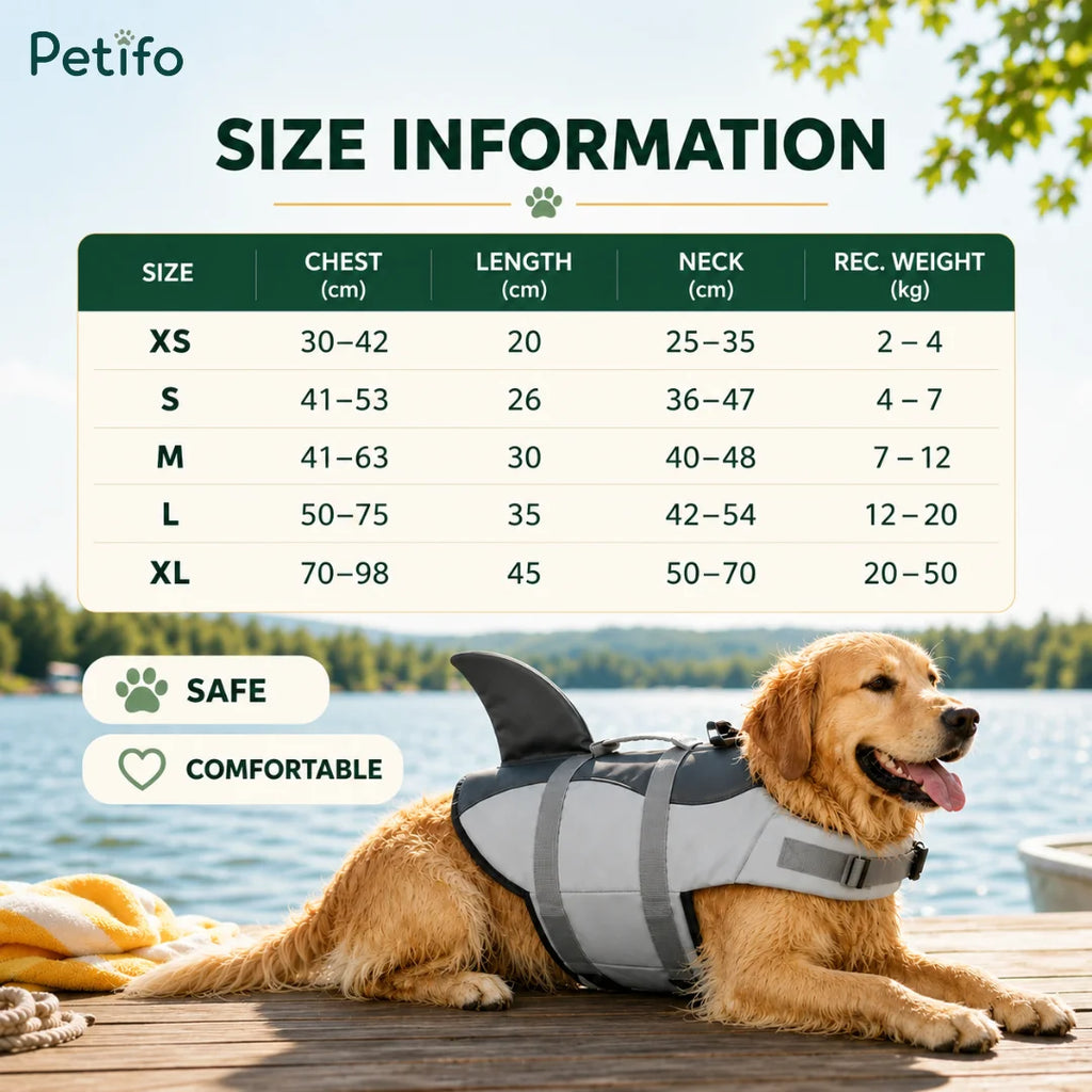 Petifo dog life jacket size chart infographic displayed alongside a Golden Retriever resting on a dock.