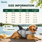 Petifo dog life jacket size chart infographic displayed alongside a Golden Retriever resting on a dock.