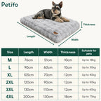 Size chart for Petifo luxury pet beds showing dimensions and weight capacities for medium to 4XL sizes.