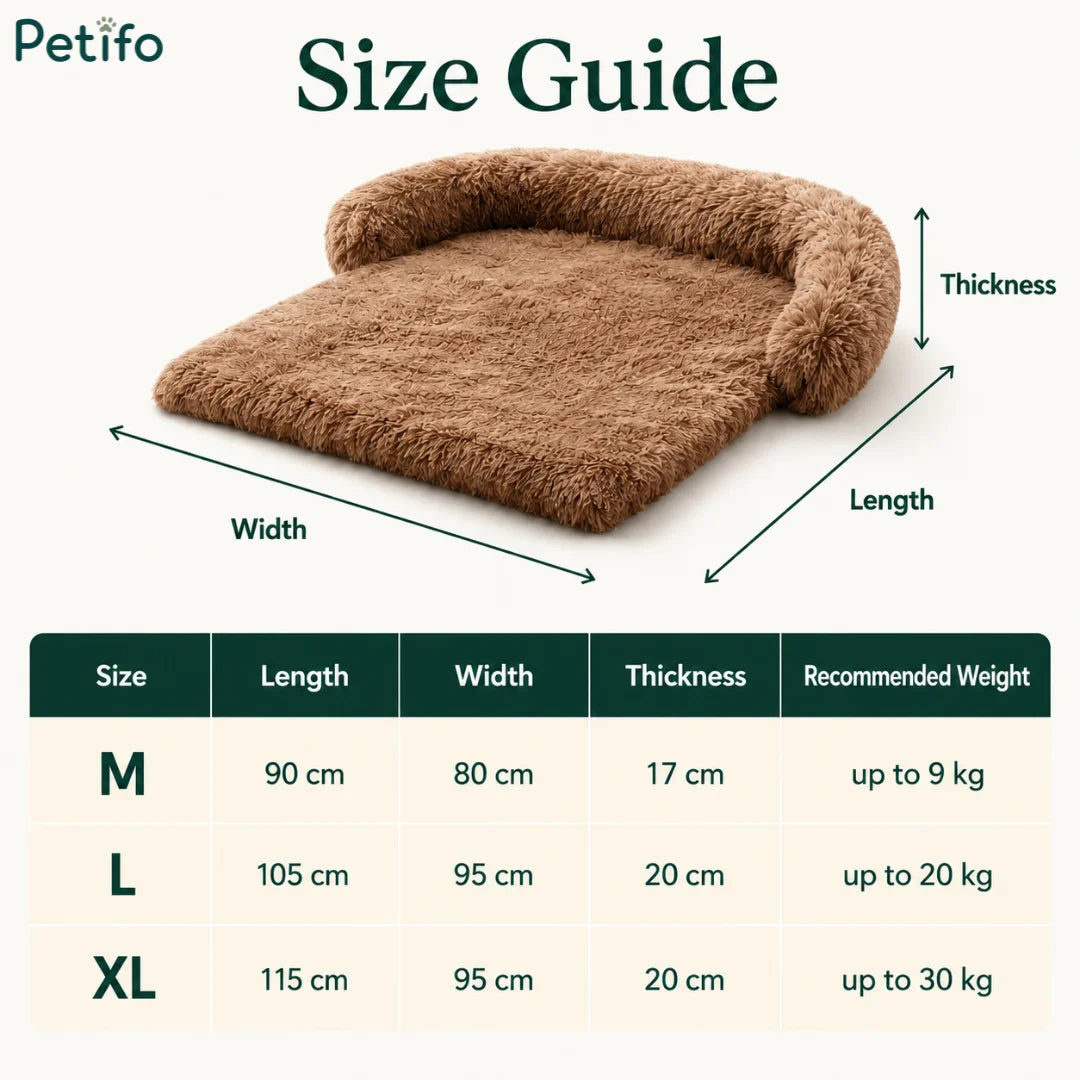Size guide chart for Petifo dog sofa beds detailing length, width, thickness, and weight limits.