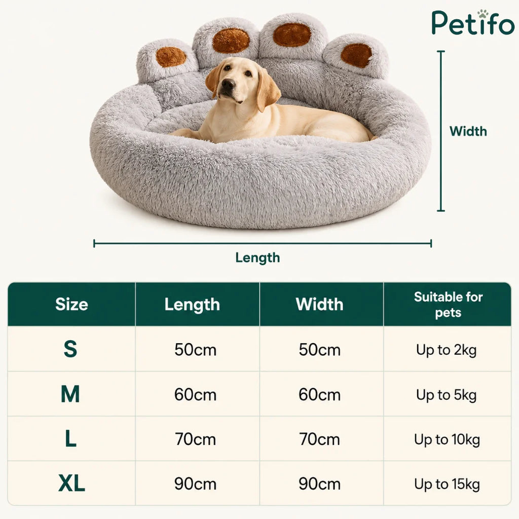 Size chart infographic for the plush paw dog bed with dimensions ranging from S to XL.