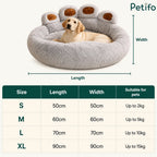 Size chart infographic for the plush paw dog bed with dimensions ranging from S to XL.