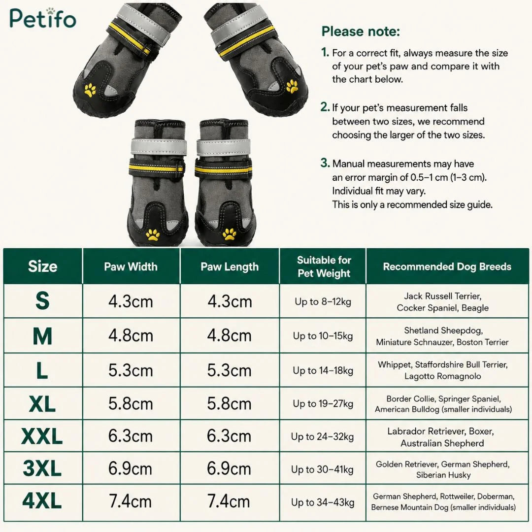 Comprehensive size chart table and measuring guide for selecting the correct dog shoes based on paw width, length, and breed weight.