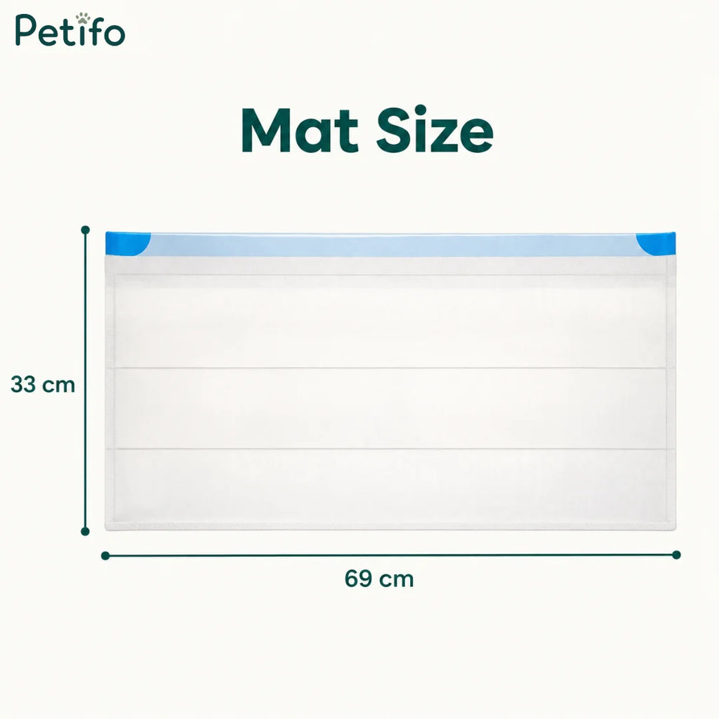 A product size diagram for a Petifo litter mat showing dimensions of $69\text{ cm}$ in width by $33\text{ cm}$ in height.