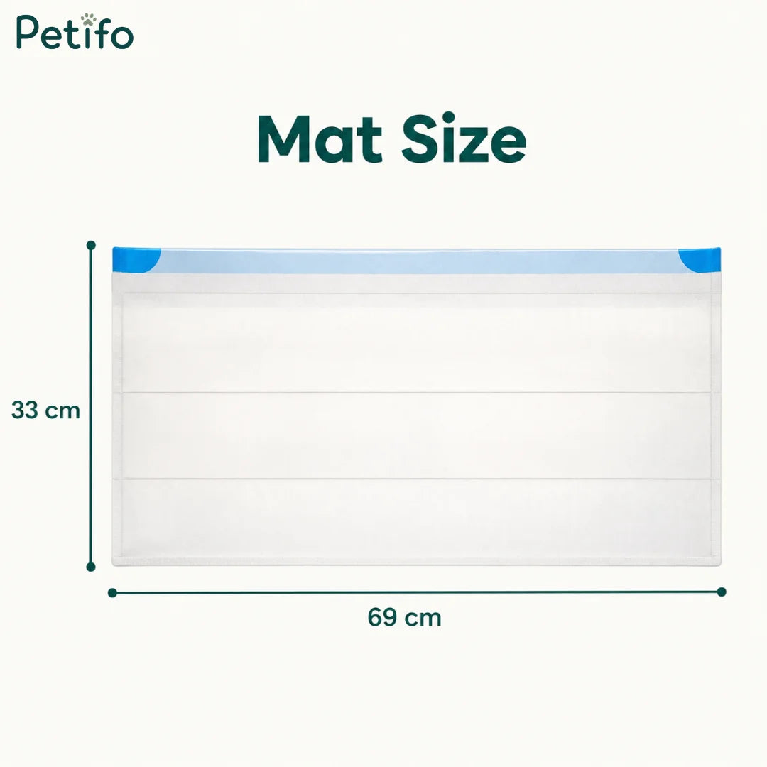 A product size diagram for a Petifo litter mat showing dimensions of $69\text{ cm}$ in width by $33\text{ cm}$ in height.