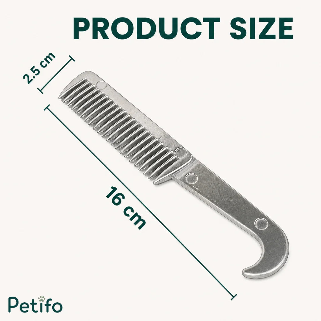 Product size diagram showing a stainless steel horse mane comb measuring 16 cm by 2.5 cm.
