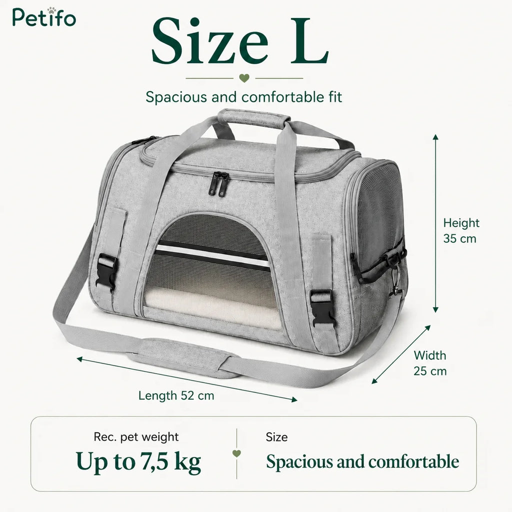 Size L Petifo pet carrier dimension diagram showing 52 cm length, 25 cm width, 35 cm height, and a recommended pet weight up to 7.5 kg.