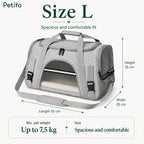 Size L Petifo pet carrier dimension diagram showing 52 cm length, 25 cm width, 35 cm height, and a recommended pet weight up to 7.5 kg.