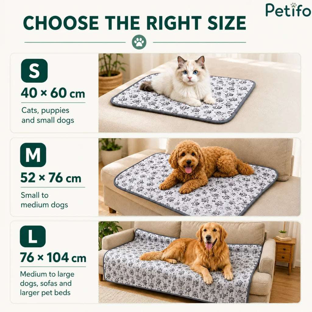Size guide infographic displaying small, medium, and large sizing dimensions for the pet blanket on furniture and beds.