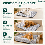 Size guide infographic displaying small, medium, and large sizing dimensions for the pet blanket on furniture and beds.