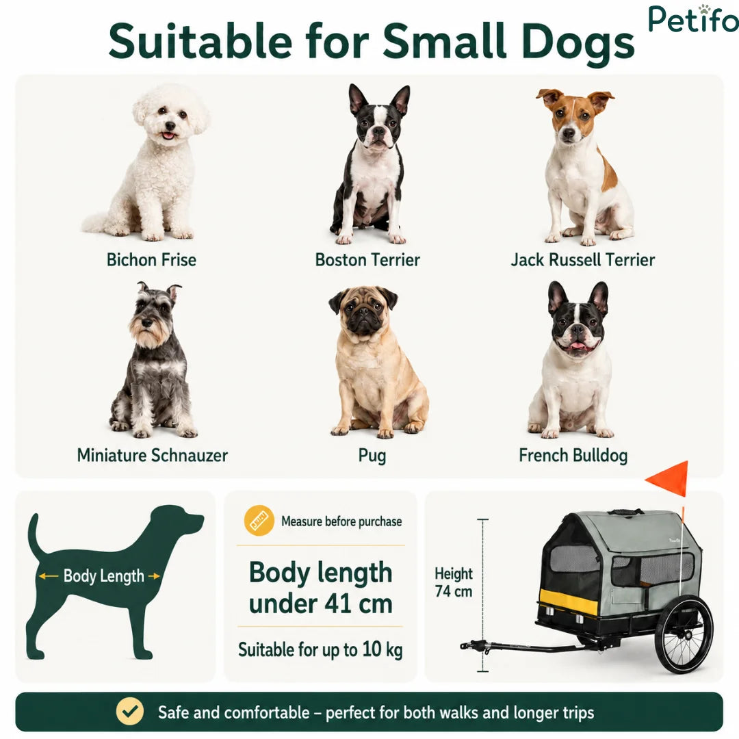 Size guide highlighting suitability for small dog breeds with a maximum body length of 41 cm and up to 10 kg weight limit.