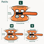 Product sizing diagram for the Petifo pet grooming hammock displaying exact measurements for sizes L, M, and S.