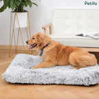 Golden Retriever relaxing on a soft gray faux fur rectangular dog bed next to a white sofa.