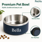 Feature breakdown highlighting the premium stainless steel interior and non-slip rubber base of a customizable pet feeding bowl.