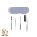 Stainless steel tick removal tool set with a plastic storage case alongside a dog and a cat.