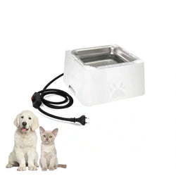 White electric heated pet water bowl with stainless steel insert, power cord, and a puppy and kitten sitting side-by-side.