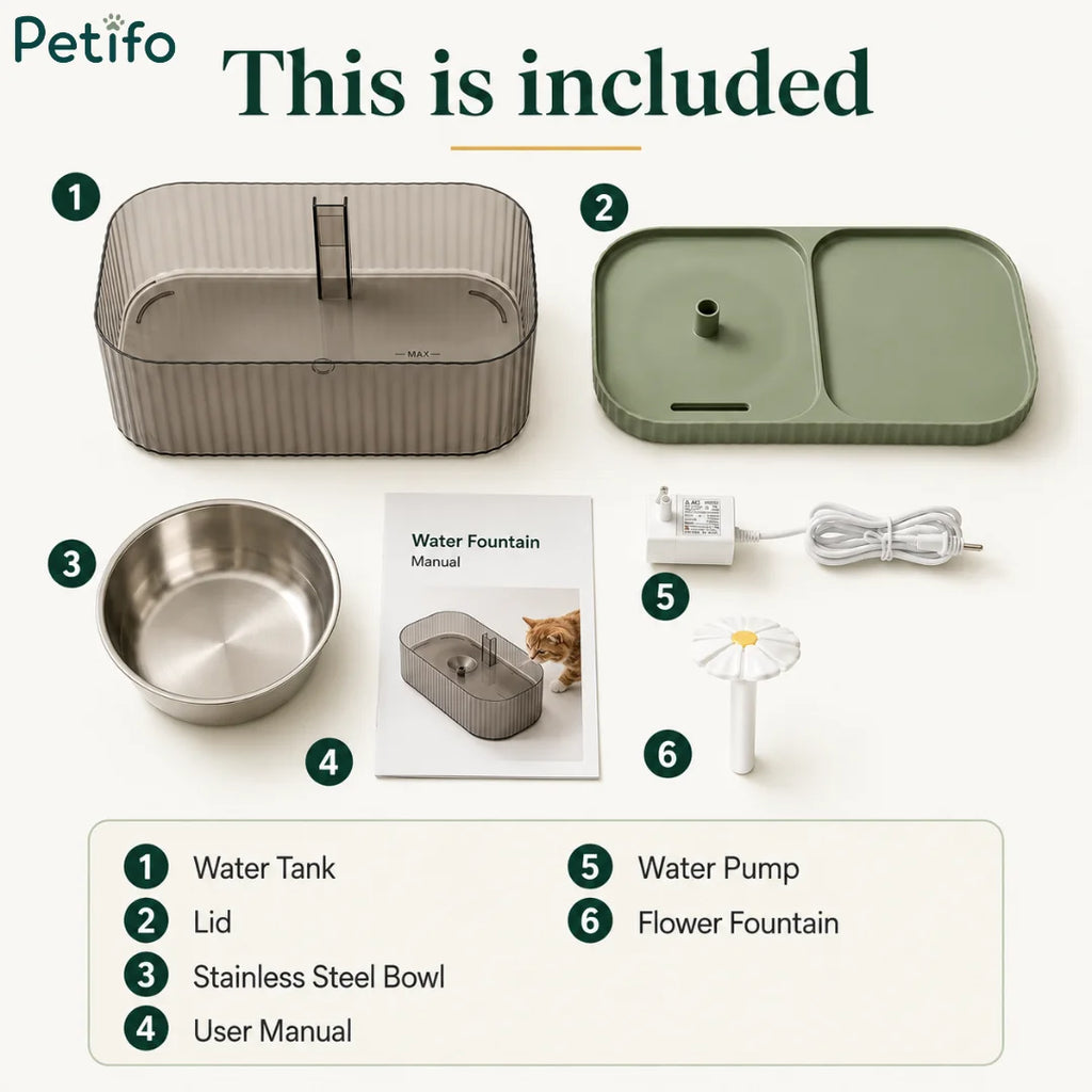 Product packaging contents overview displaying the water tank, lid, stainless steel bowl, manual, pump, and flower fountain attachment.