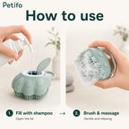 Step-by-step guide showing how to fill the Petifo pet brush with shampoo and create lather.