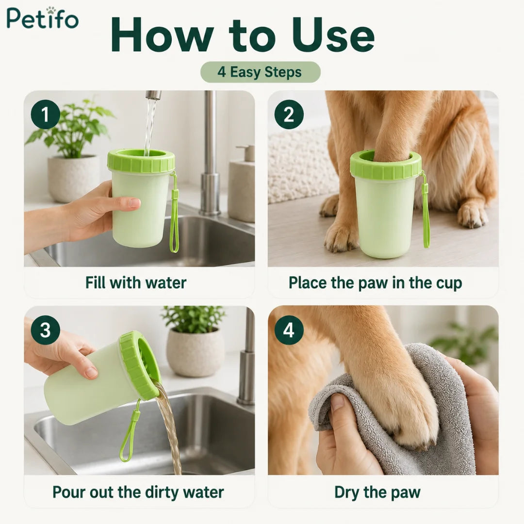 Step-by-step instructions on how to use the Petifo portable dog paw cleaner cup