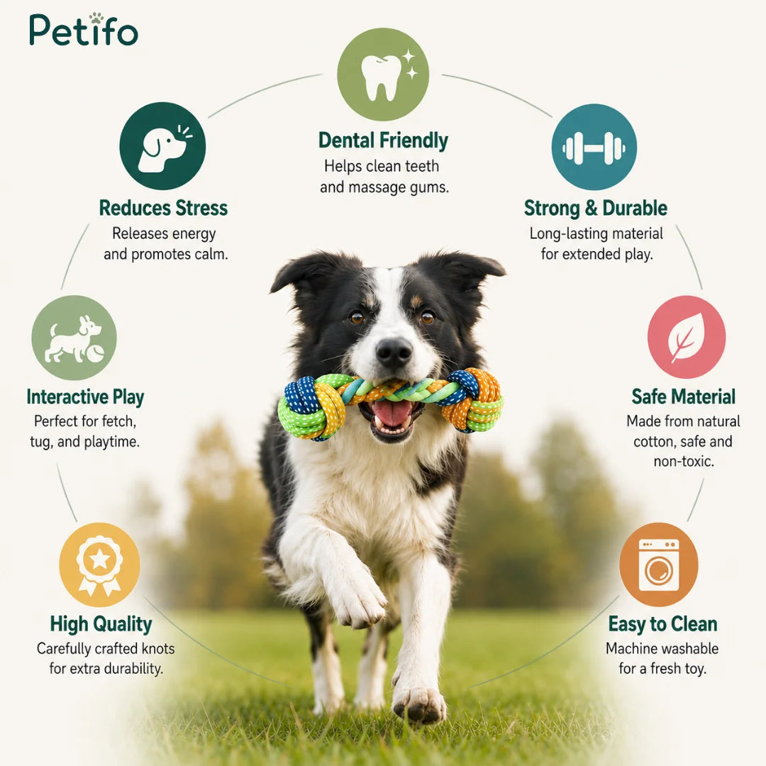 Product features infographic highlighting dental health, stress relief, safety, and durability benefits of the dog rope toy set.