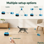 Setup options graphic demonstrating 2-point, 3-point, and 4-point string configurations for the automated cat toy.