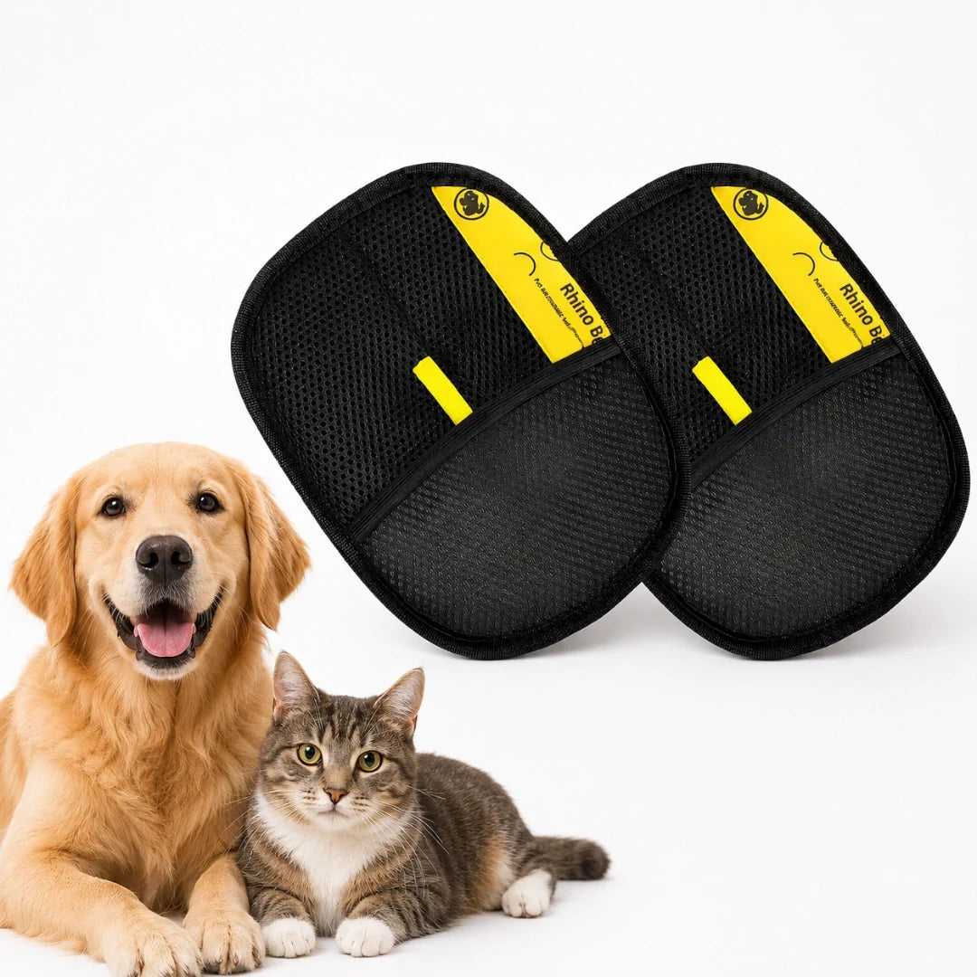 Studio product shot featuring a pair of black and yellow Petifo hair removal gloves alongside a golden retriever dog and a tabby cat.