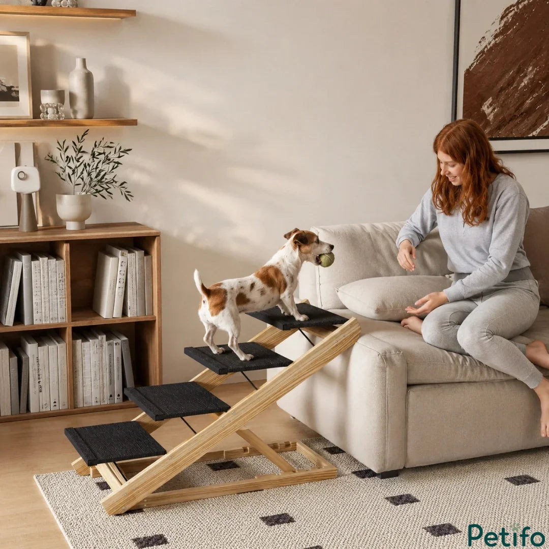 Small terrier dog using sturdy wooden pet stairs to reach a beige sofa while playing with its owner.