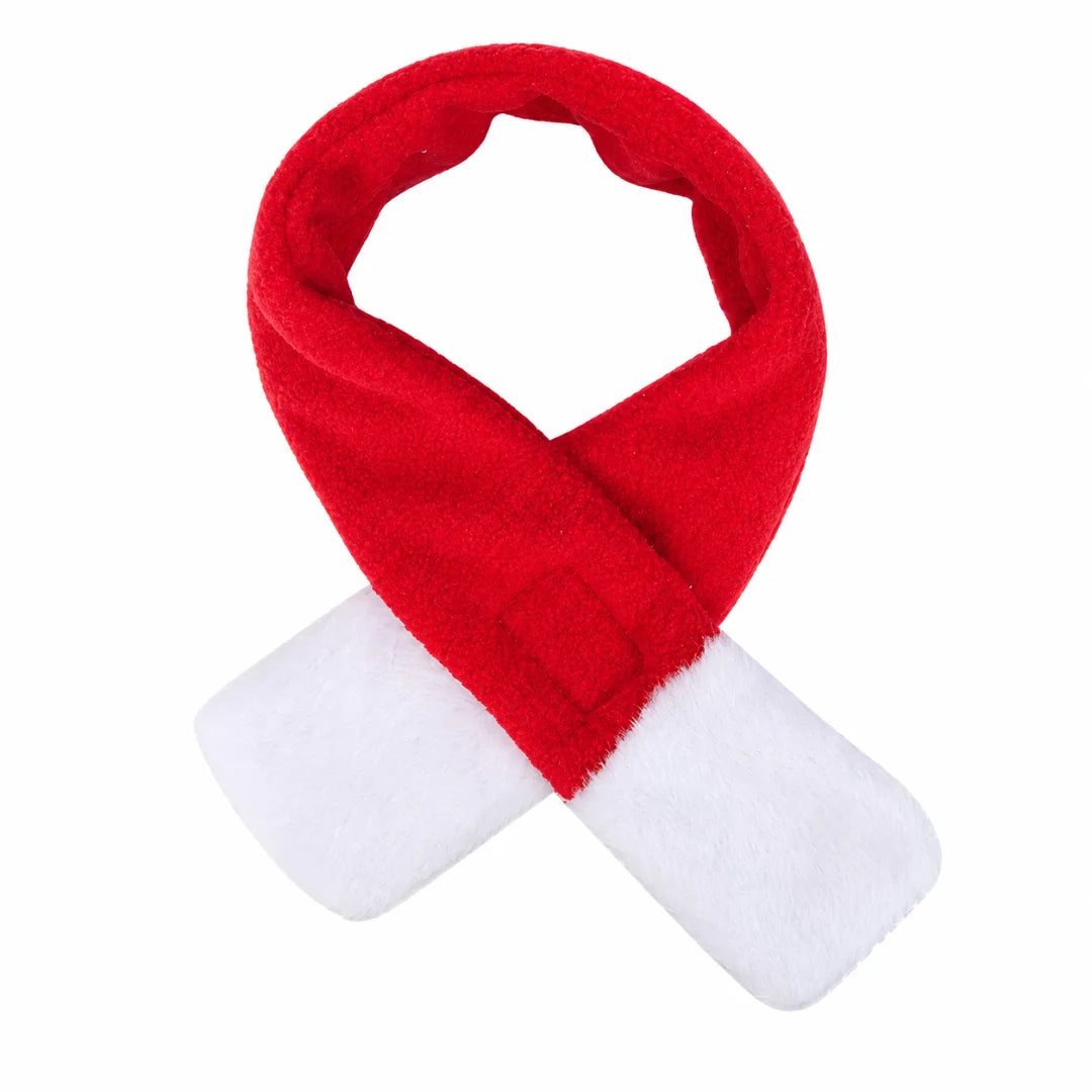 Red pet scarf with white plush ends styled in a neat loop.
