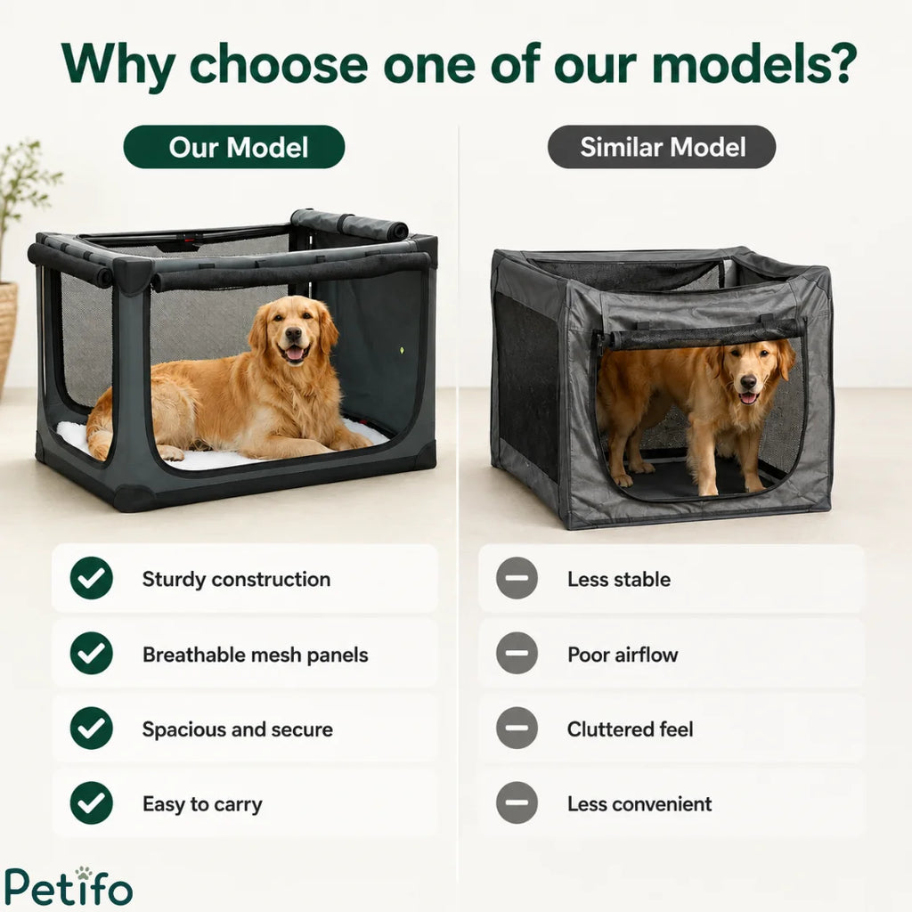 Comparative overview highlighting the superior stability, airflow, and sturdy construction of our portable dog crate over similar models.