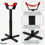 Product details showing the reinforced support arm, adjustable height mechanism, and cross-shaped base of the hoof stand.