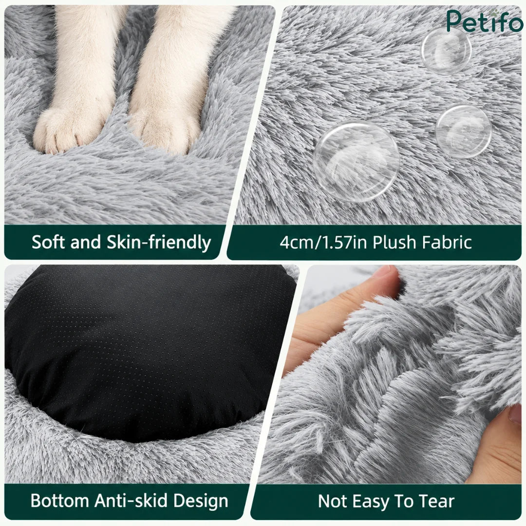 Detailed view of soft plush fabric, anti-skid bottom, and tear-resistant material features of the dog bed.