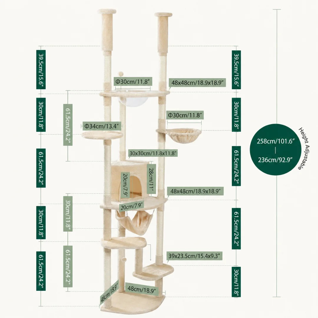Detailed technical diagram of a beige multi-level cat tower including all height and width dimensions in both centimeters and inches.