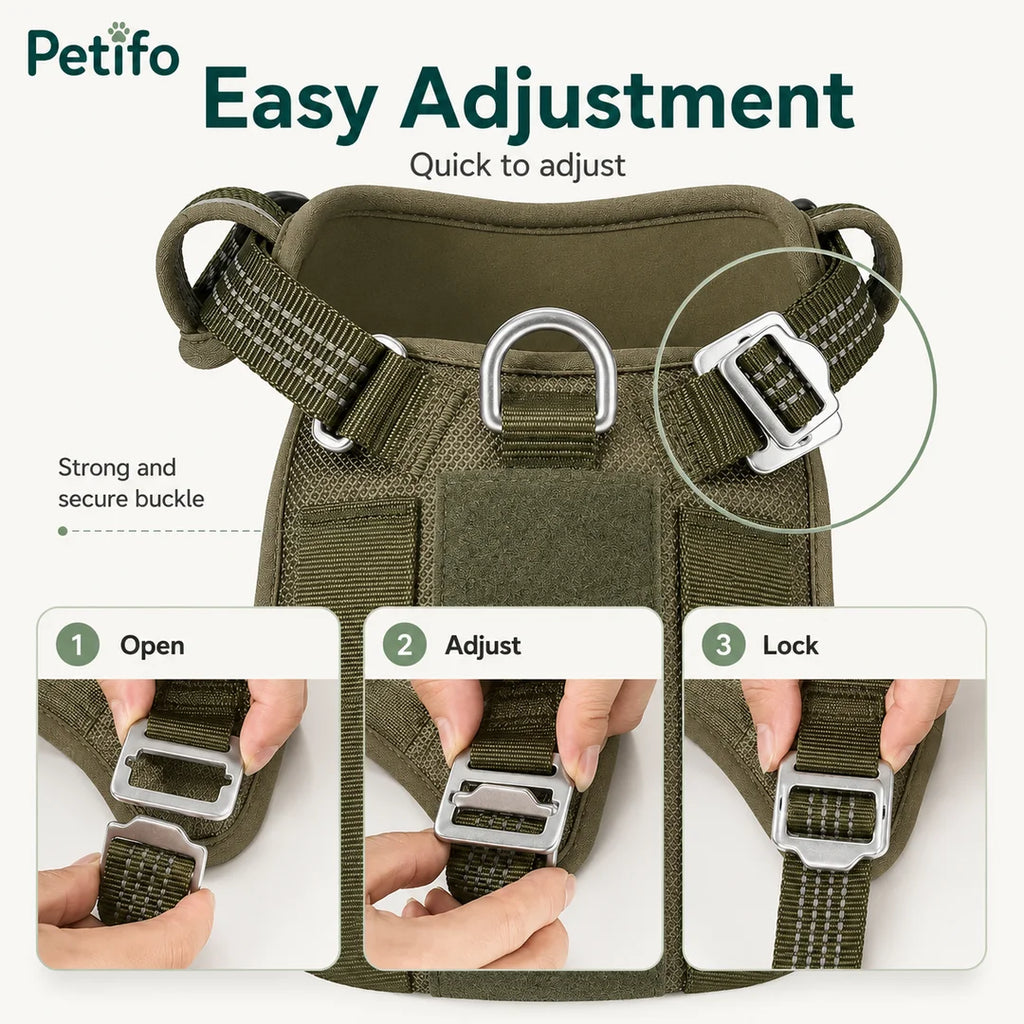 The ProSafe dog harness features a simple three-step adjustment process—open, adjust, and lock—to ensure a quick, stable, and secure fit for your dog.