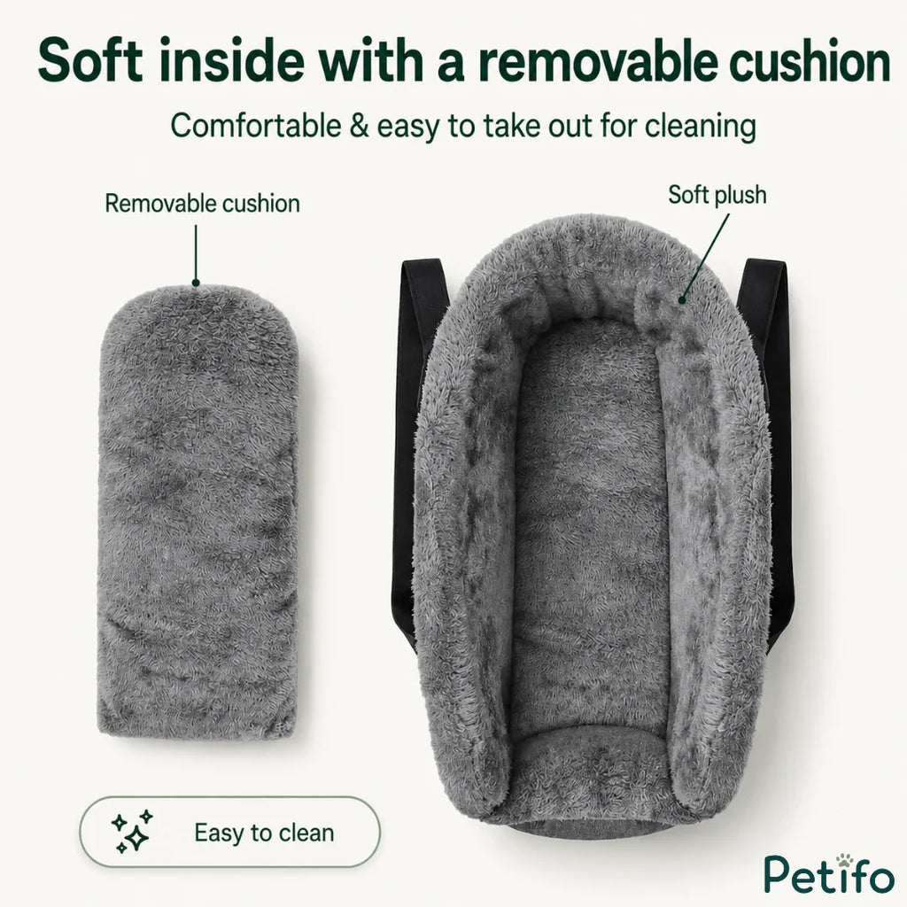Top view of Petifo pet car seat featuring soft plush lining and removable padded cushion